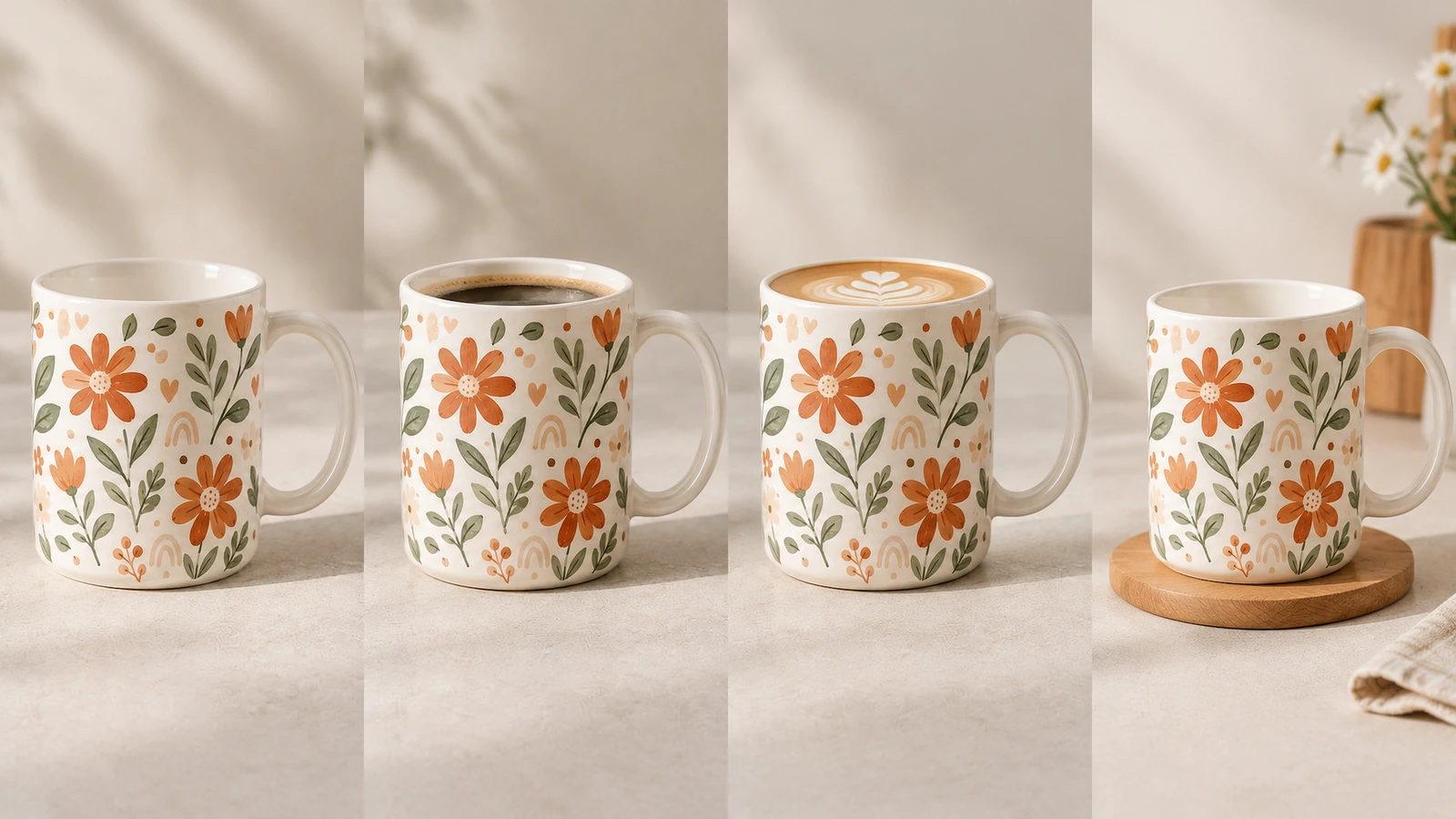 4 vistas lado a lado de una taza floral, con café oscuro y una bebida espumosa