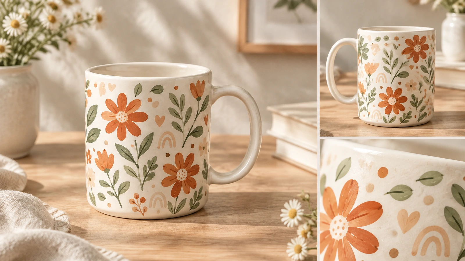 Collage de vistas de tazas florales de cerámica y detalles de la decoración en primer plano