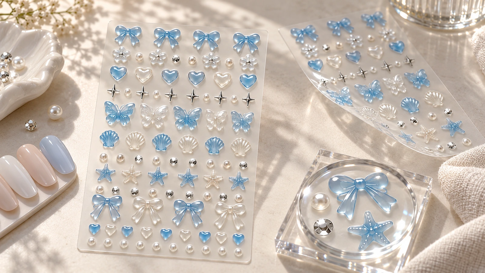 Hojas de decoración en azul y color perla junto a muestras de uñas y piezas decorativas sueltas