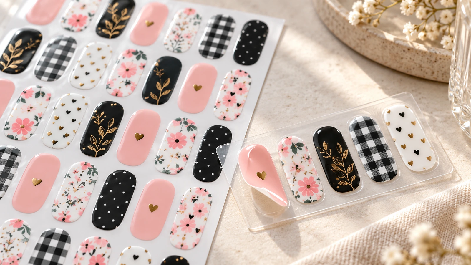 Hoja de diseños de uñas junto a un expositor transparente con cinco muestras de uñas decoradas