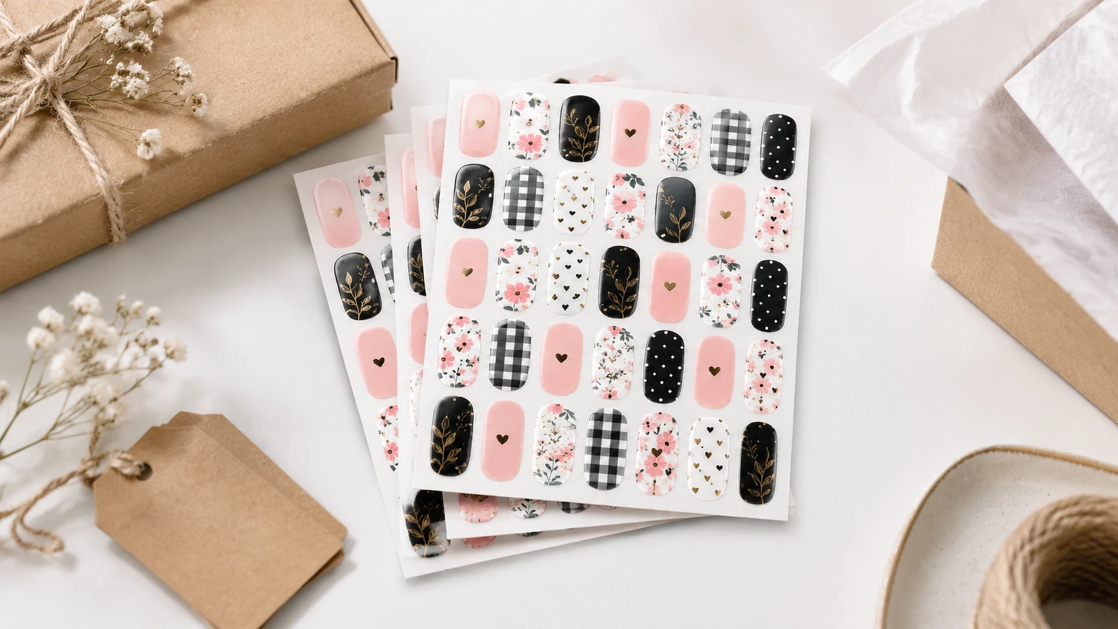 Hojas de diseños de uñas apiladas junto a embalaje de papel kraft y papel de seda