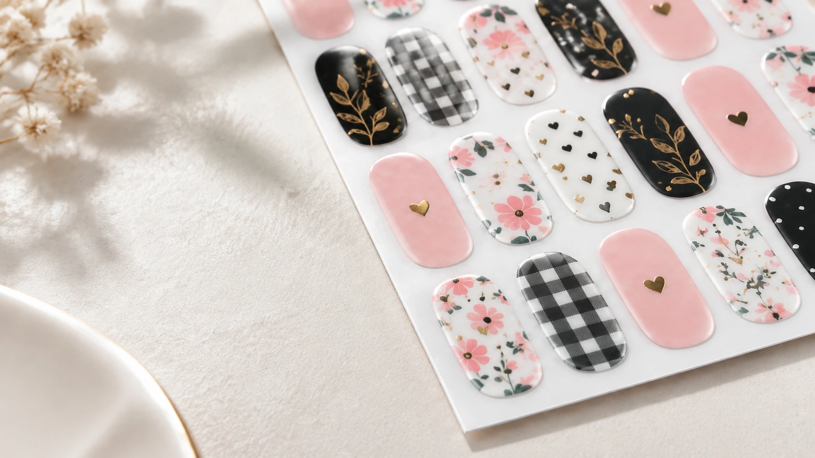 Primer plano de diseños de uñas florales, de vichy y con acentos dorados sobre una hoja portadora