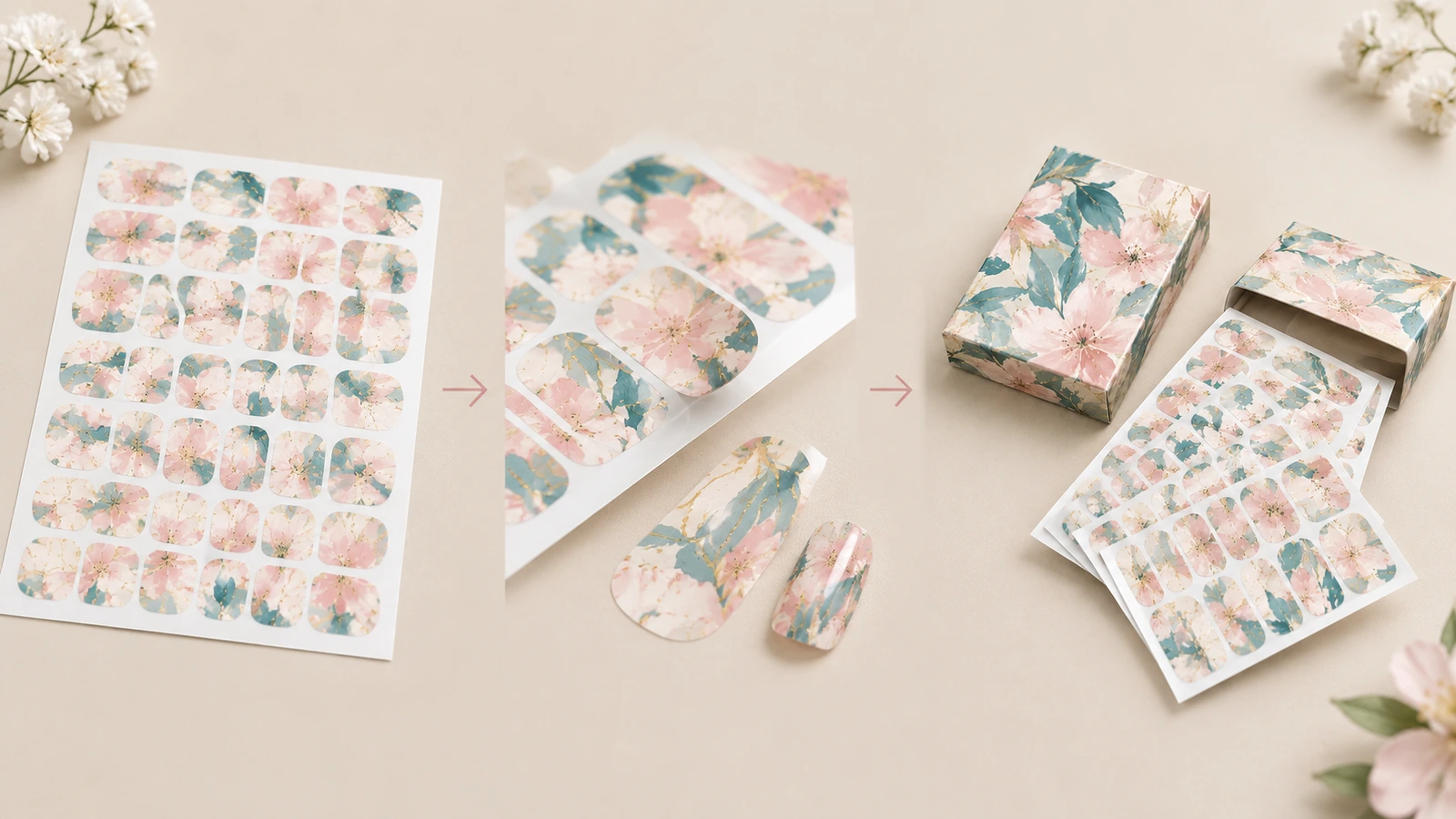 Secuencia ilustrada de una lámina de funda floral, fundas seleccionadas y láminas en caja