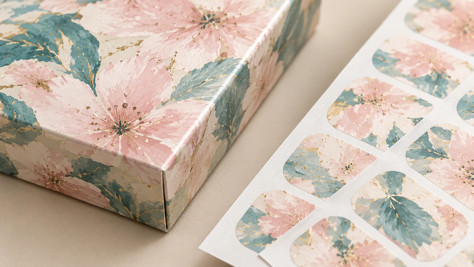 Primer plano de láminas de fundas florales para uñas junto a la esquina de una caja impresa a juego