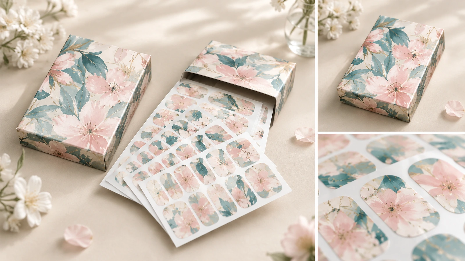 Collage de láminas de fundas florales para uñas, una caja impresa cerrada y detalles de fundas en primer plano