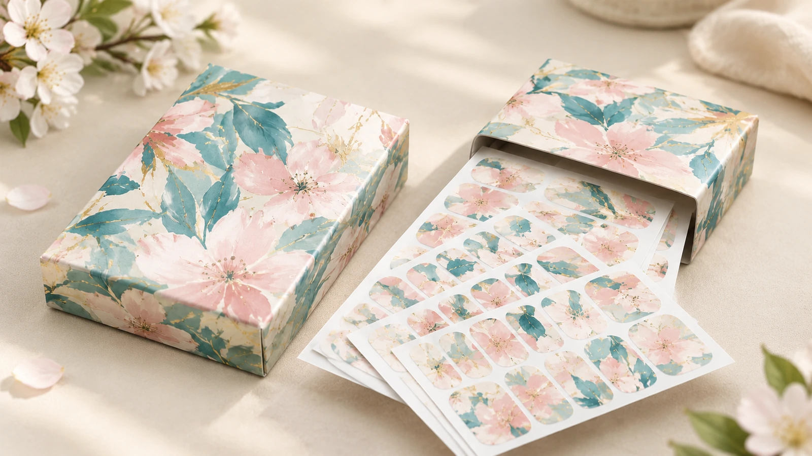Láminas de fundas florales para uñas exhibidas fuera de sus cajas impresas a juego