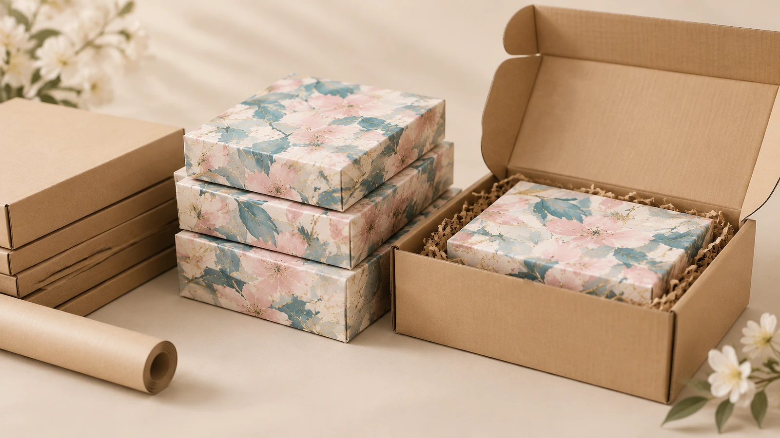 Cajas de producto florales apiladas junto a un sobre kraft abierto con relleno de papel