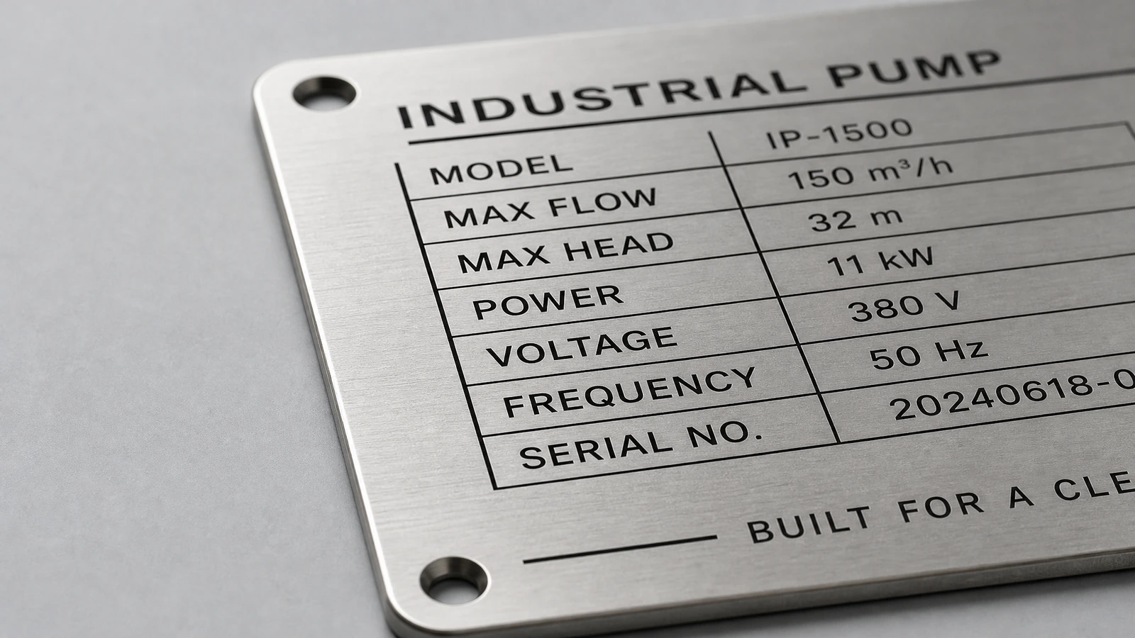 Primer plano de una placa de identificación de bomba industrial que muestra los datos del equipo, letras oscuras y orificios de montaje en las esquinas