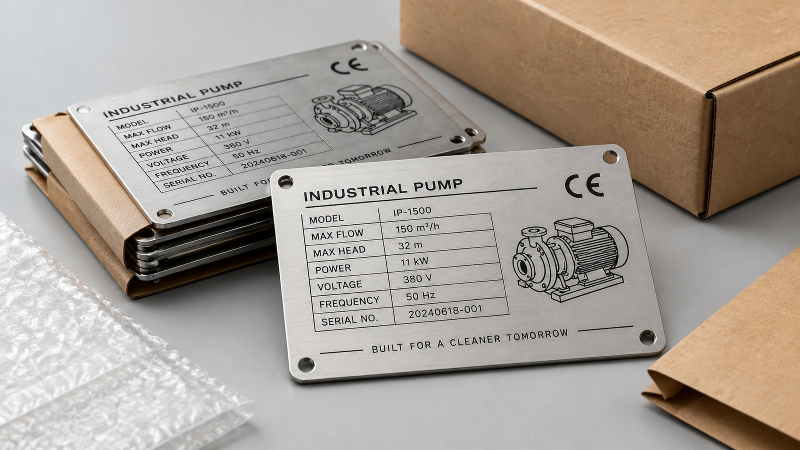 Placas de identificación de bombas industriales apiladas, con papel de separación protector, junto a embalaje de cartón y plástico de burbujas