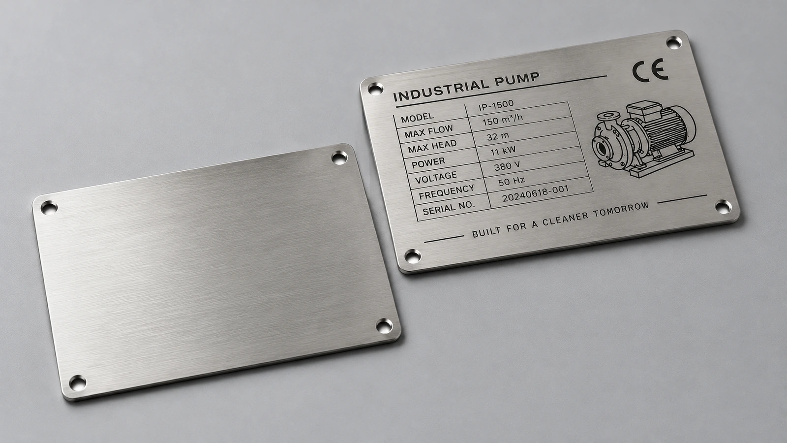 Placa de metal cepillado en blanco junto a una placa de identificación de bomba industrial marcada, ambas con cuatro orificios de montaje en las esquinas
