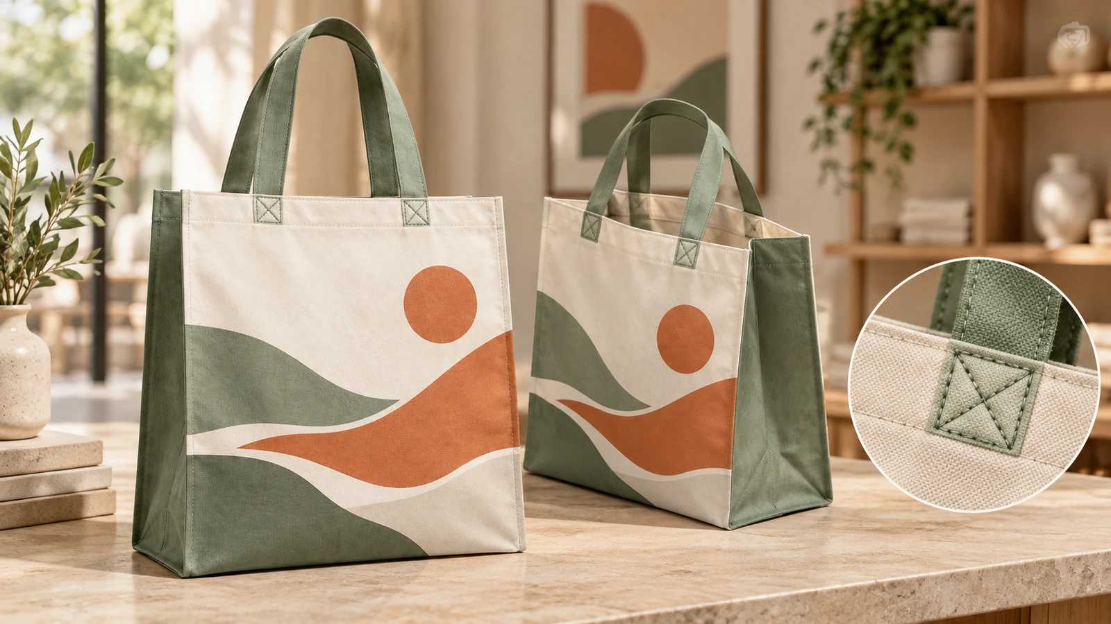 Dos bolsas tote con estampado de paisaje y un recuadro con primer plano de la costura de las asas box-X