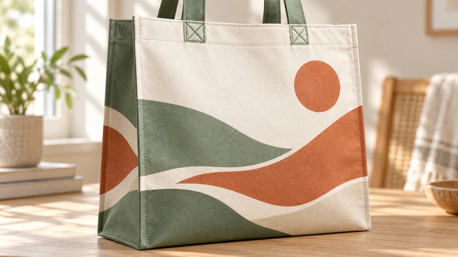 Bolsa tote con estampado de paisaje sobre una mesa de madera