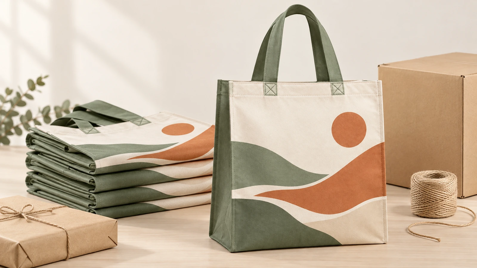 Bolsa tote con estampado de paisaje de pie y bolsas plegadas junto a una caja de cartón y cordel