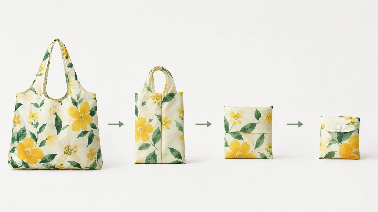 Ilustración de cuatro etapas que muestra un bolso floral plegado hasta convertirse en una bolsa compacta