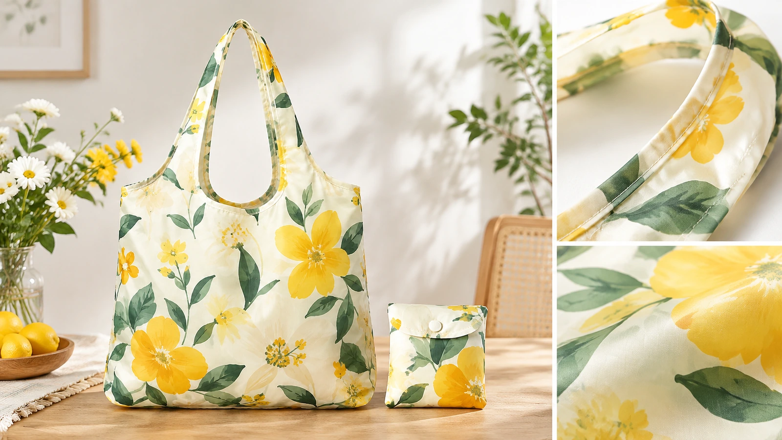 Collage de un bolso floral amarillo y una bolsa, con primeros planos del asa y de la tela