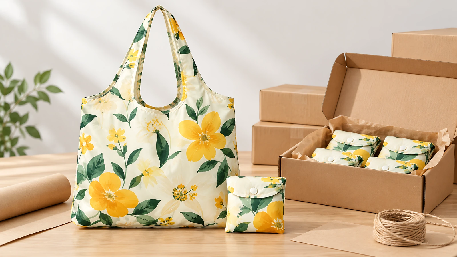 Bolso floral amarillo y bolsas plegadas junto a una caja de cartón abierta y materiales de embalaje