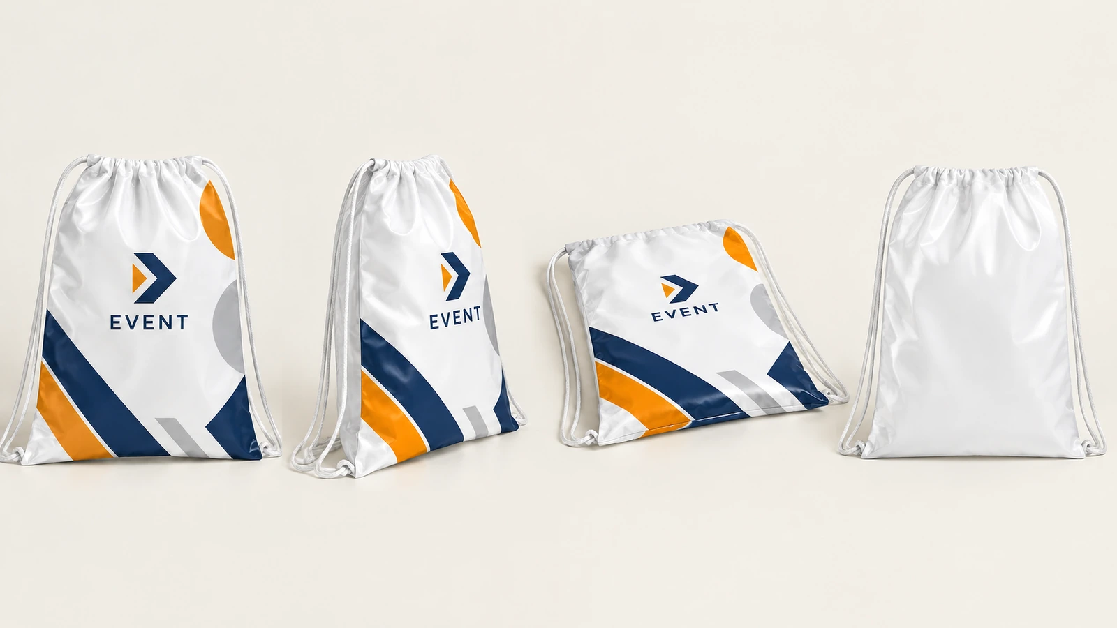 Vistas frontal, lateral, plegada y trasera lisa de una bolsa blanca con cordón para eventos