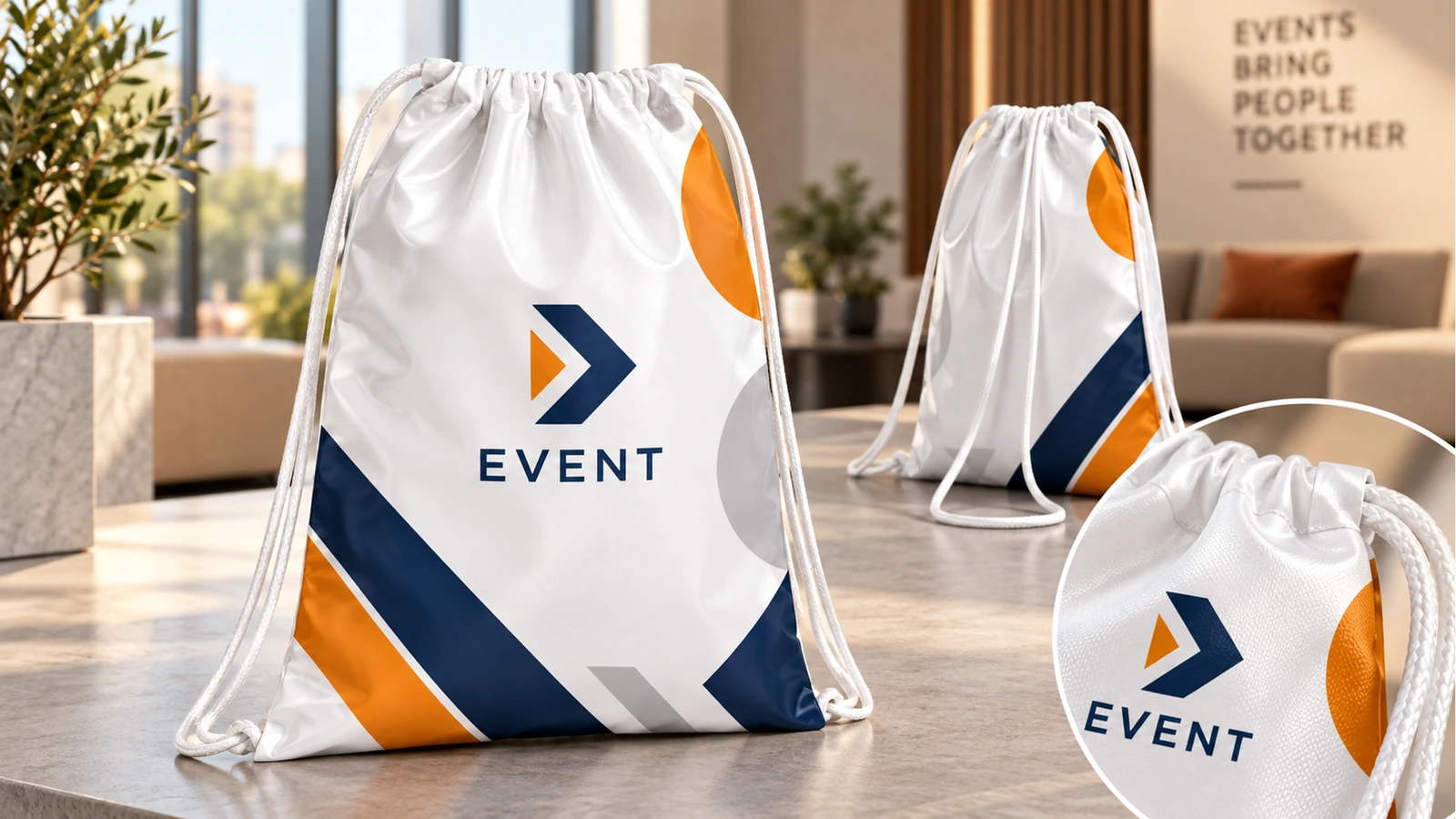 Bolsas con cordón para eventos expuestas en interior, con un recuadro de detalle del cierre