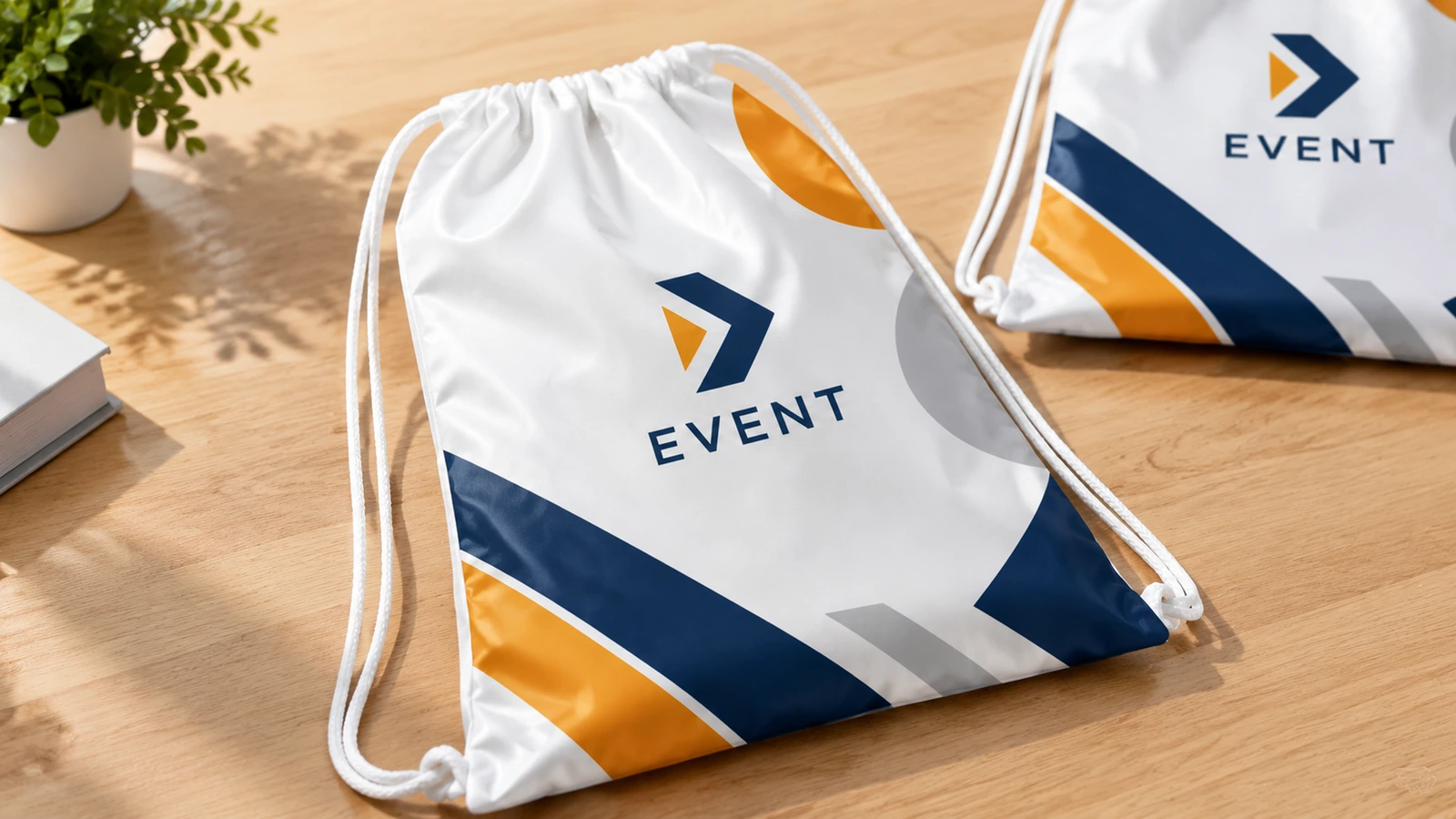Dos bolsas blancas con cordón para eventos sobre una mesa de madera