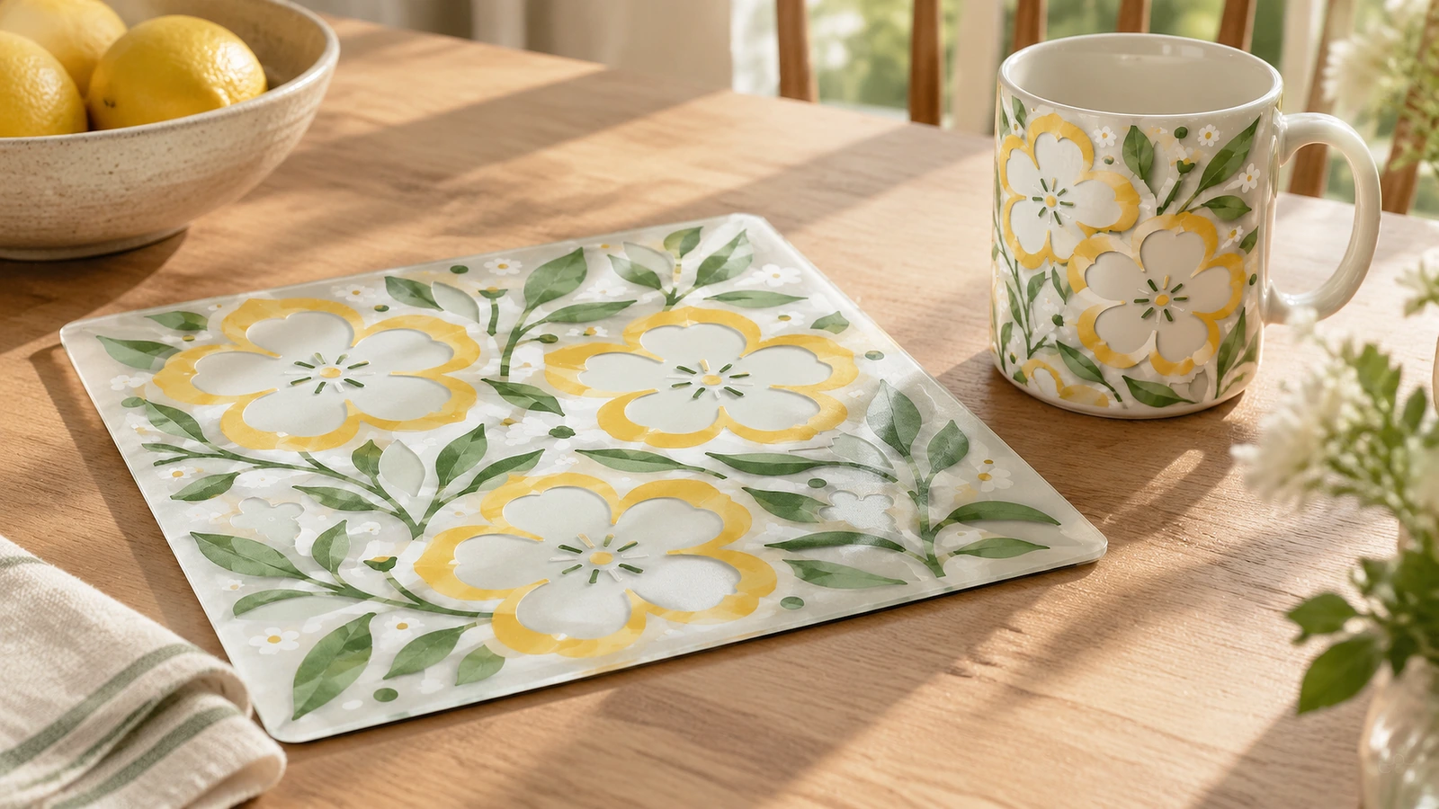 Hoja con estampado floral junto a una taza a juego sobre una mesa de madera