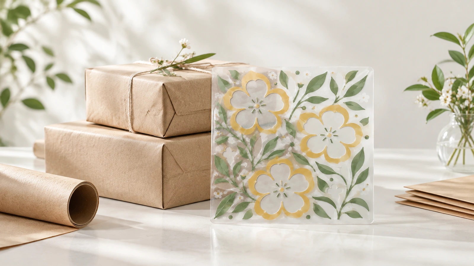Hoja transparente con estampado floral junto a cajas de regalo de papel kraft y un tubo de cartón