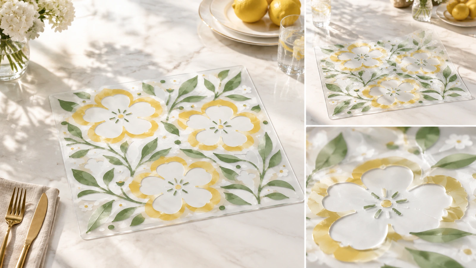 Collage de una hoja con estampado floral sobre una mesa de comedor y un primer plano de una flor