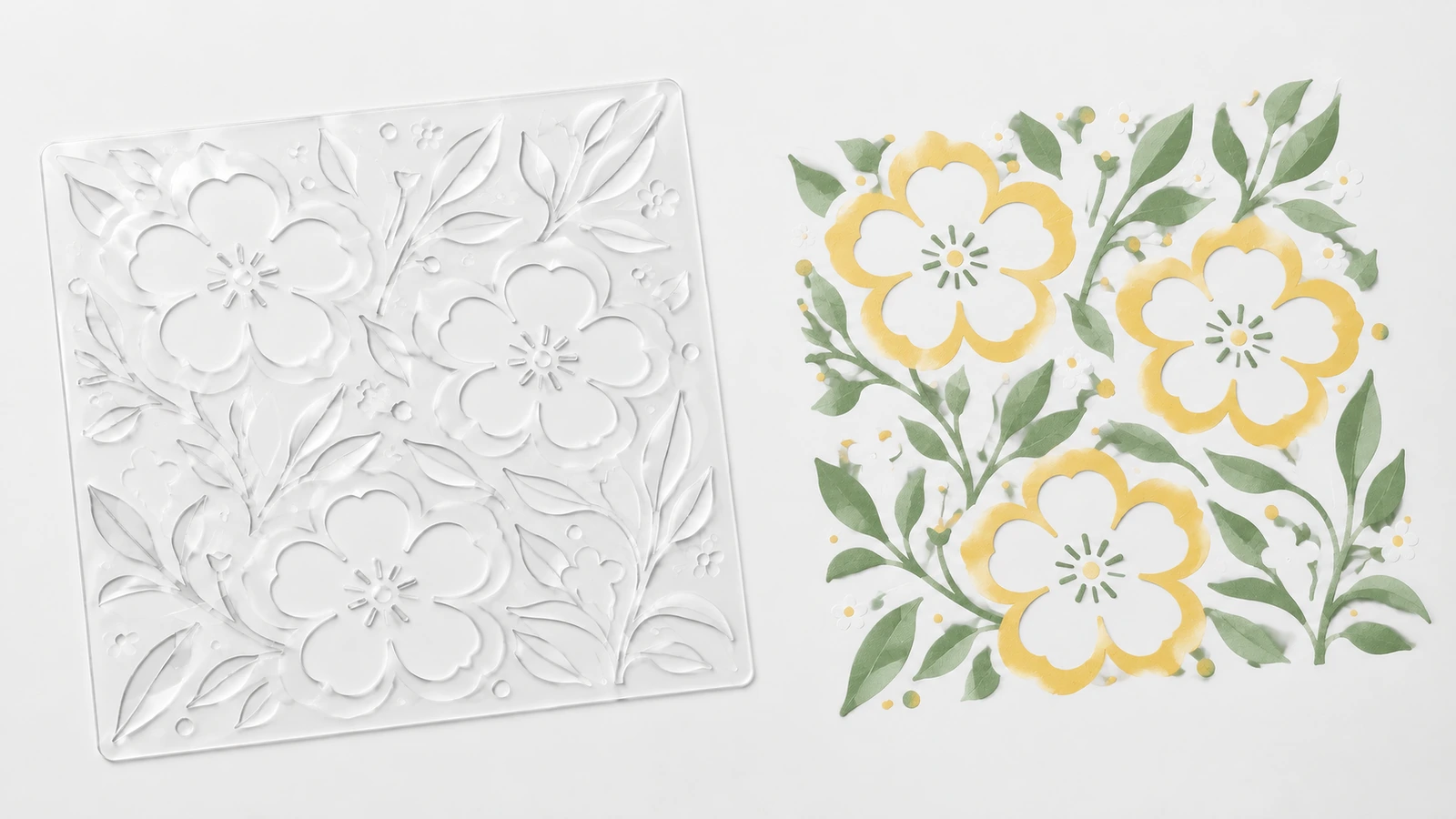 Plantilla floral sin pintar junto a un diseño floral a juego en amarillo y verde