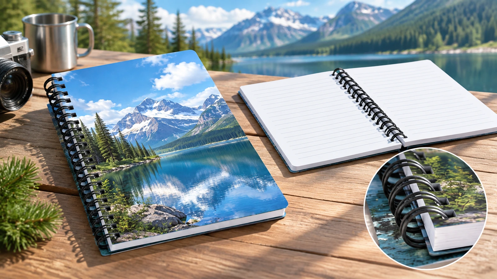 Imagen ilustrativa de una libreta de diseño de lago y una libreta rayada abierta al aire libre, con un detalle ampliado de la encuadernación