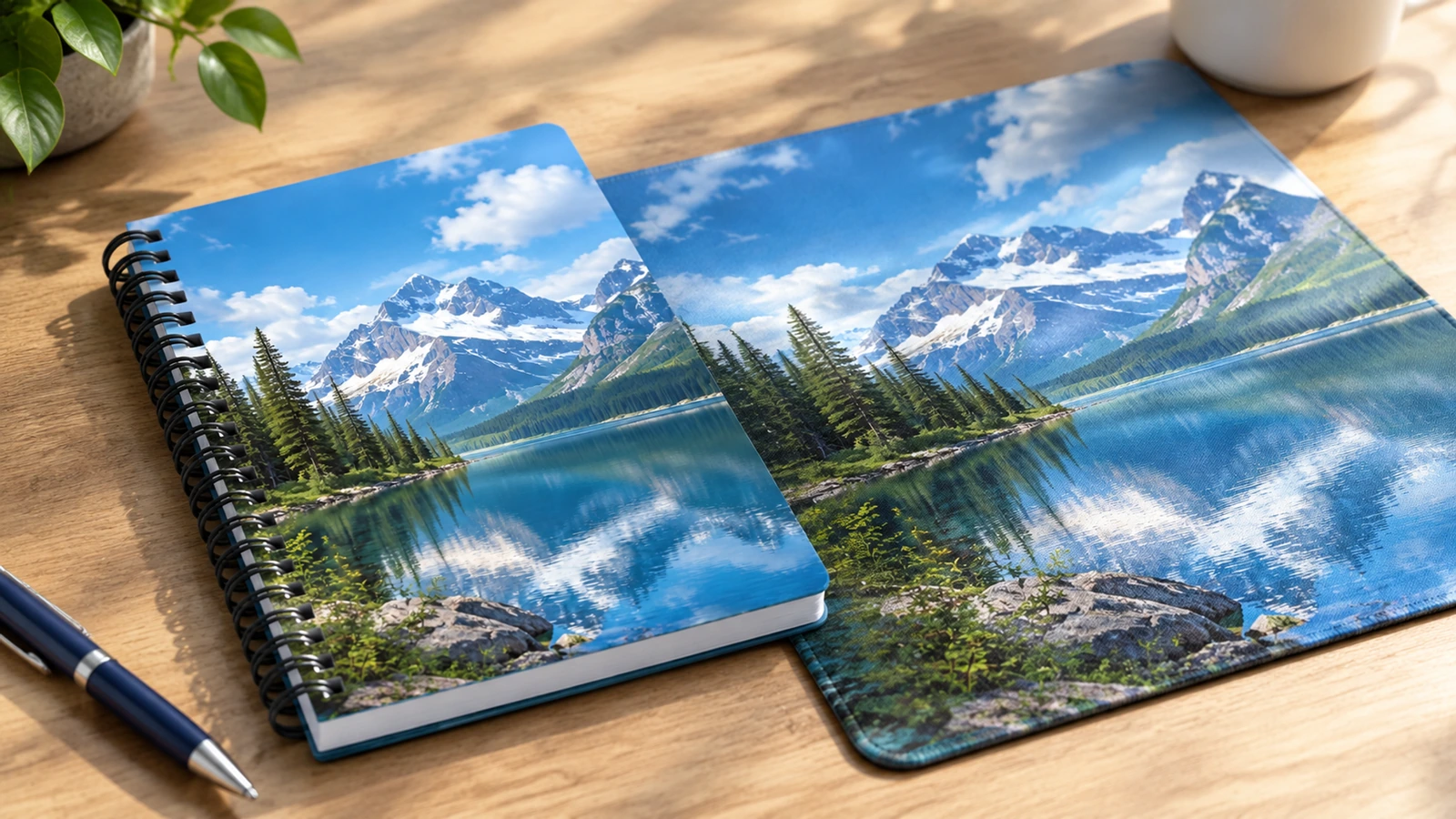 Imagen ilustrativa de una libreta de diseño de lago cerrada junto a una doble página abierta con un paisaje sobre un escritorio