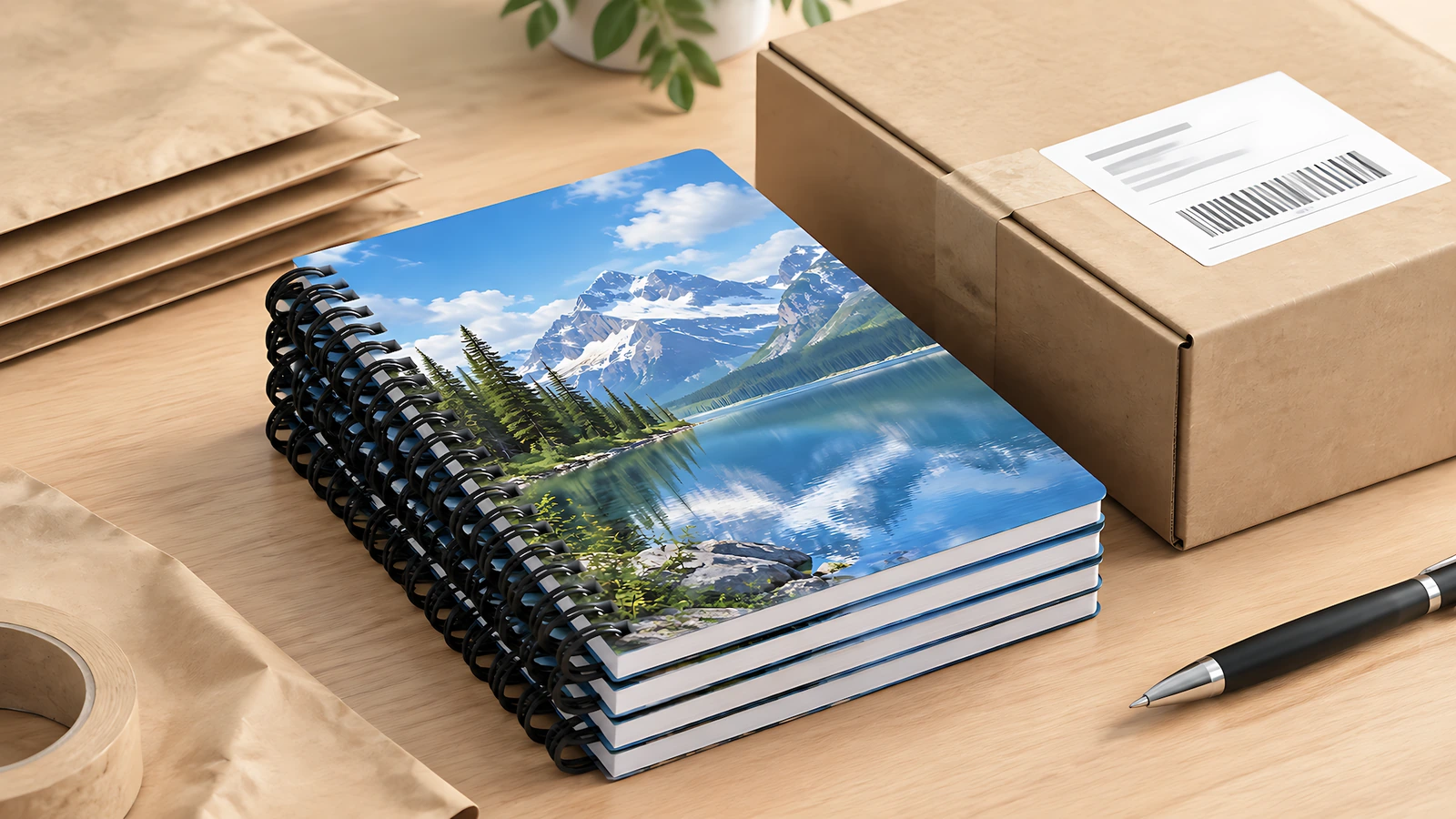 Imagen ilustrativa de una pila de libretas de diseño de lago junto a una caja de cartón etiquetada y sobres de envío de papel kraft