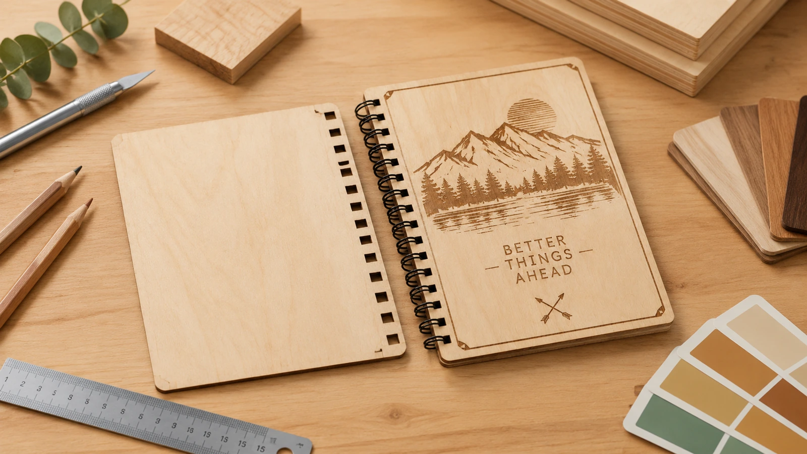 Cuaderno de contrachapado con una escena de montaña grabada junto a una cubierta en blanco, una regla y muestras de color
