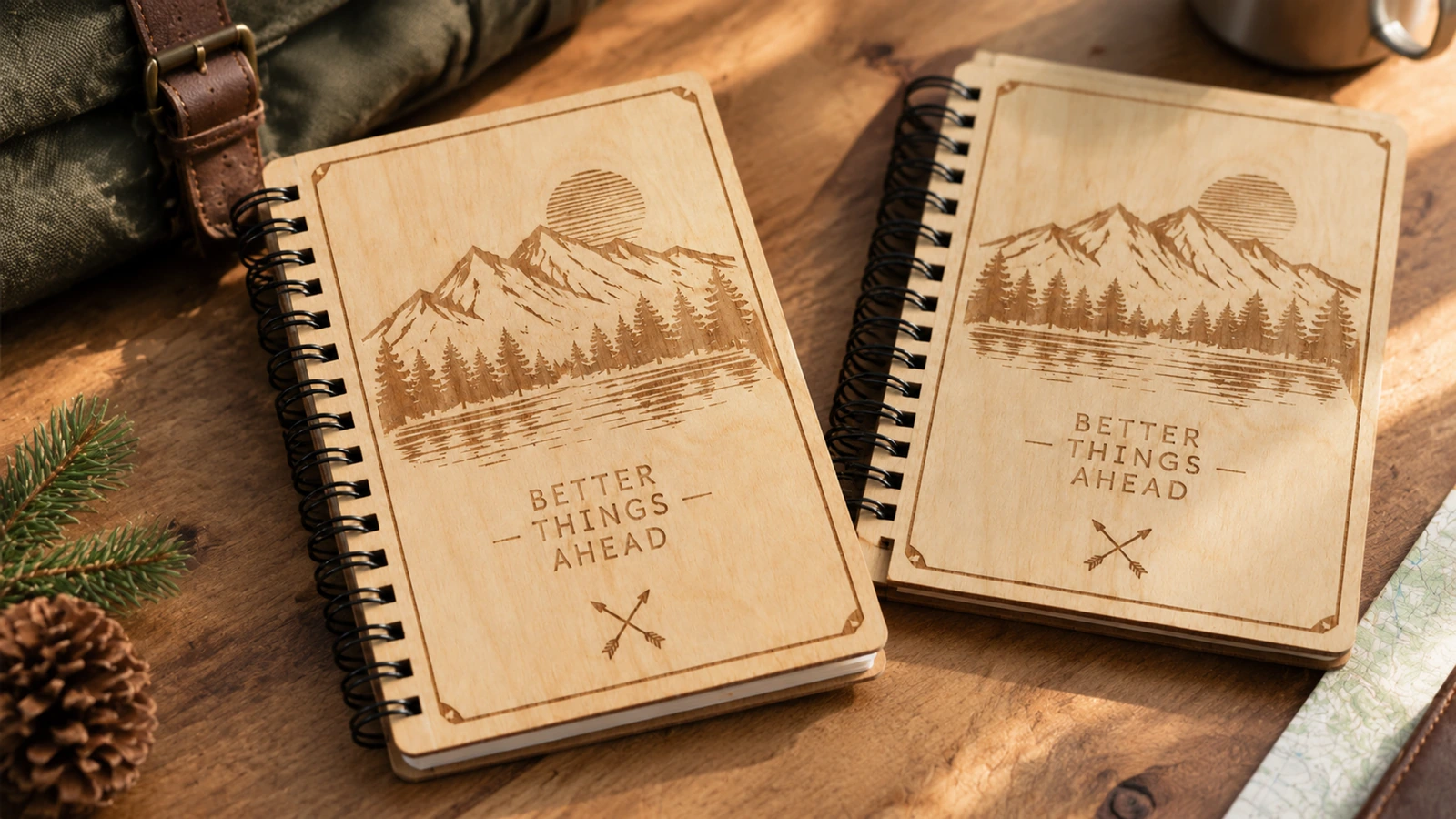 Dos cuadernos de contrachapado con diseño de montaña sobre un escritorio de madera junto a accesorios de viaje