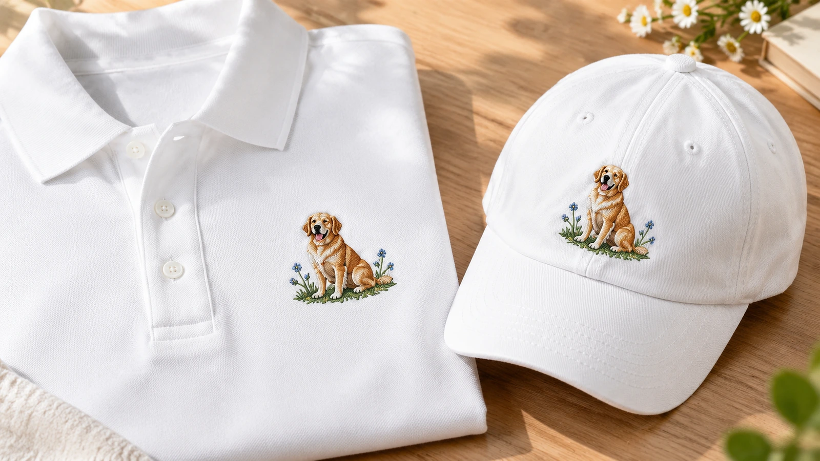 Polo y gorra bordados a juego Polo blanco doblado y gorra blanca a juego con bordado de perro sobre una mesa de madera