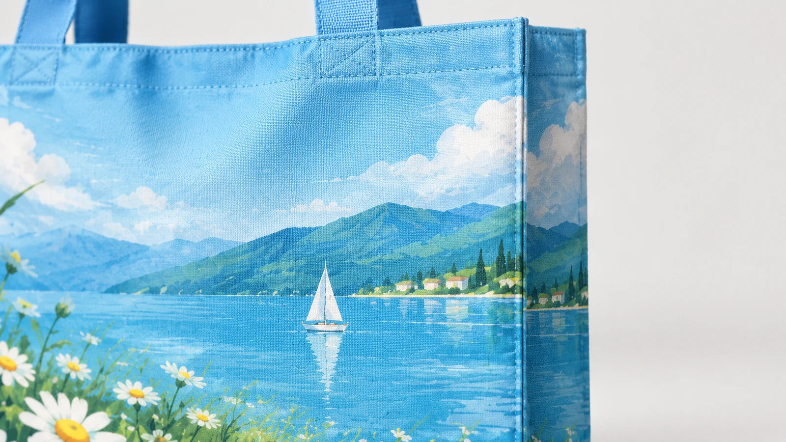 Primer plano de la tela de la bolsa tote lake-and-daisy, la costura superior y las asas azules