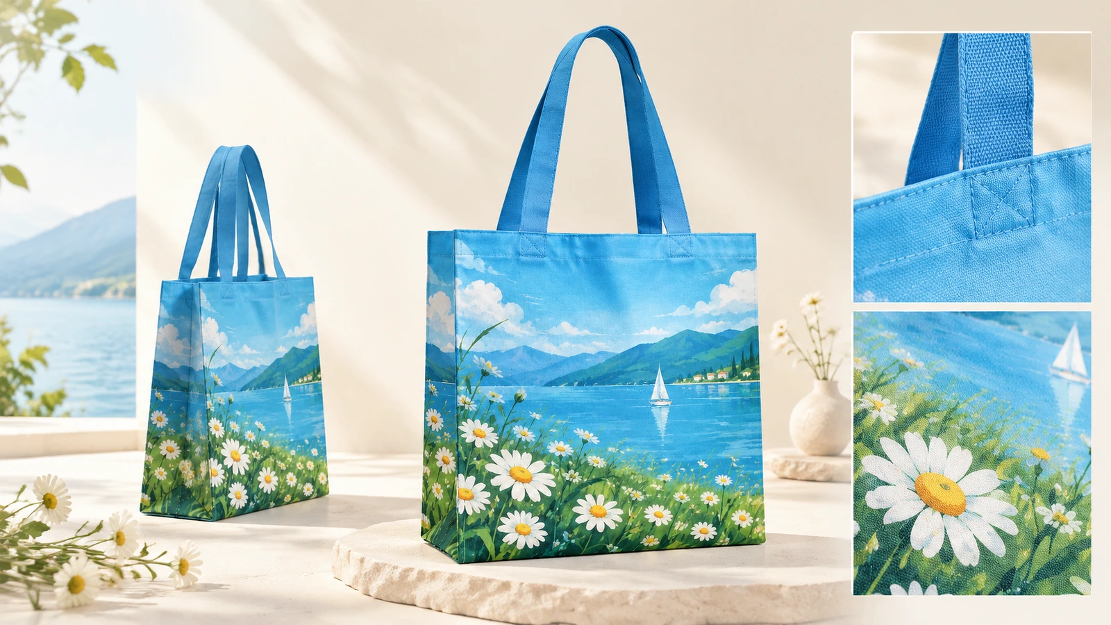Dos bolsas tote azules estampadas con primeros planos de la unión de asas y de la tela floral
