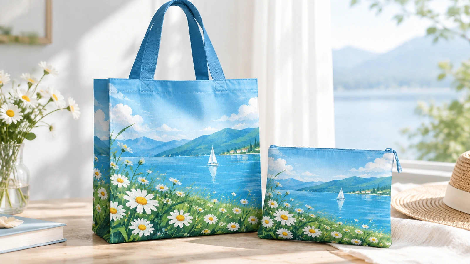 Bolsa tote azul con estampado lake-and-daisy y una bolsita con cremallera a juego sobre una mesa