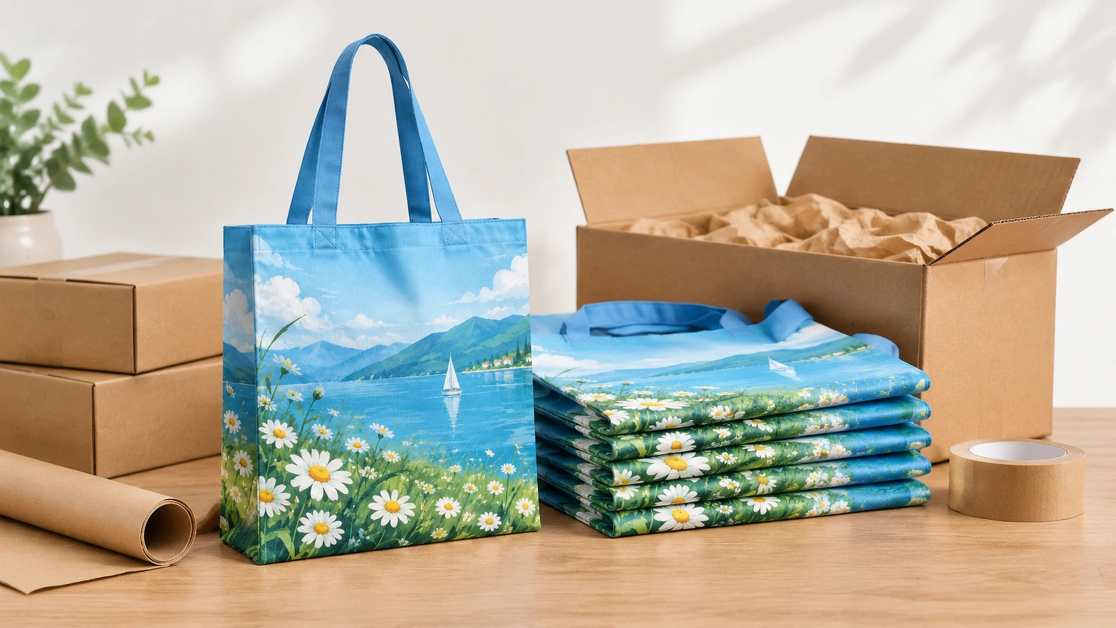 Bolsa tote azul estampada y bolsas plegadas apiladas junto a cajas de cartón para embalaje