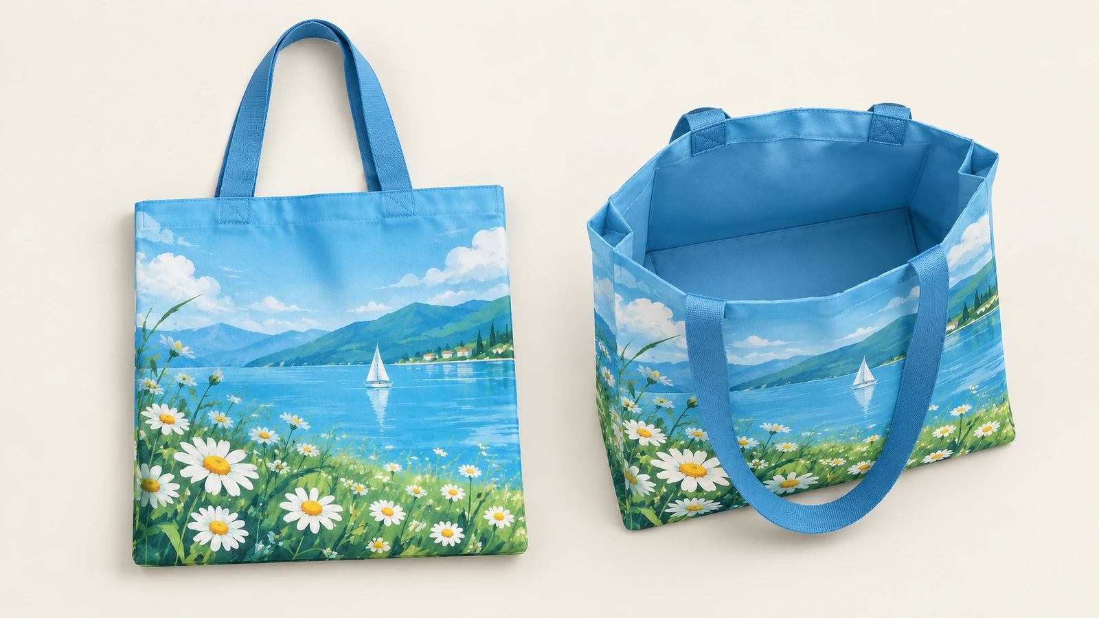 Vistas frontal y superior abierta de una bolsa tote azul con estampado lake-and-daisy