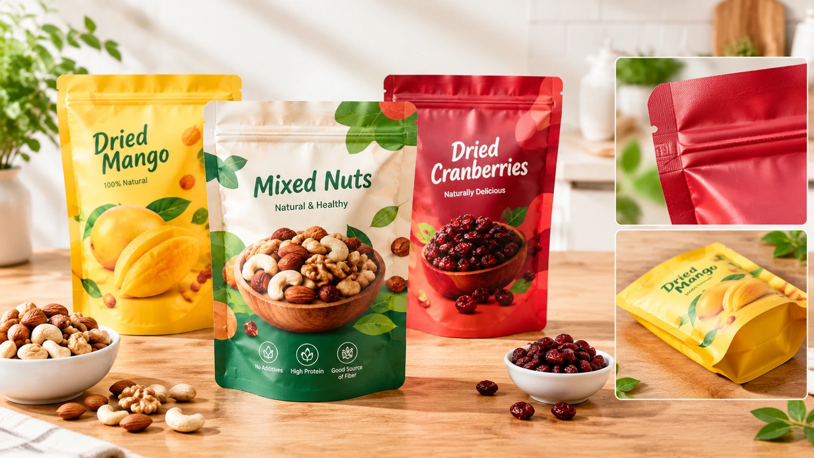 Exhibición de bolsas de snacks con detalles insertados del cierre resellable y de la base plegada de la bolsa