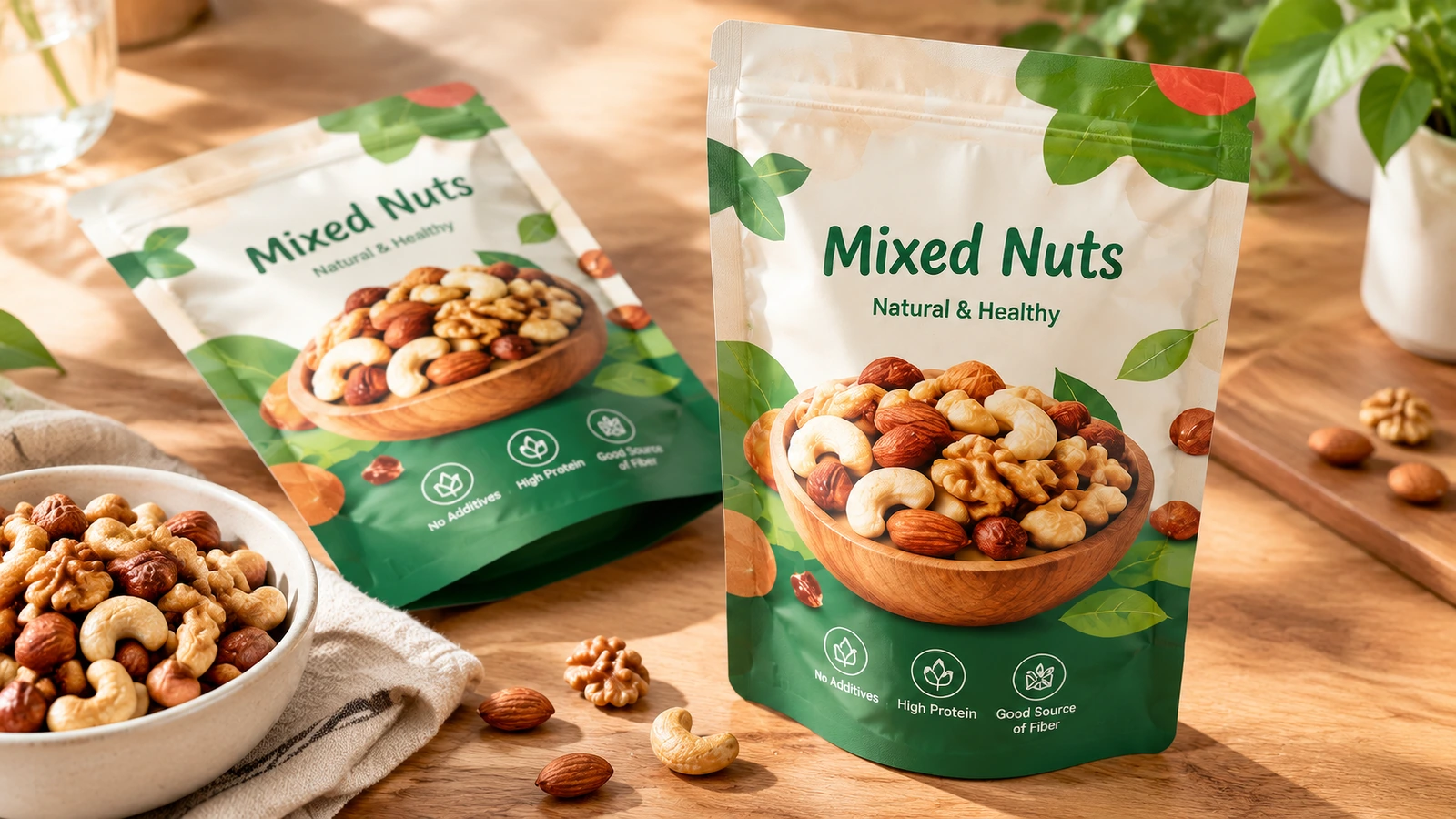 Bolsas de frutos secos mixtos en posición vertical y plana junto a un cuenco de frutos secos