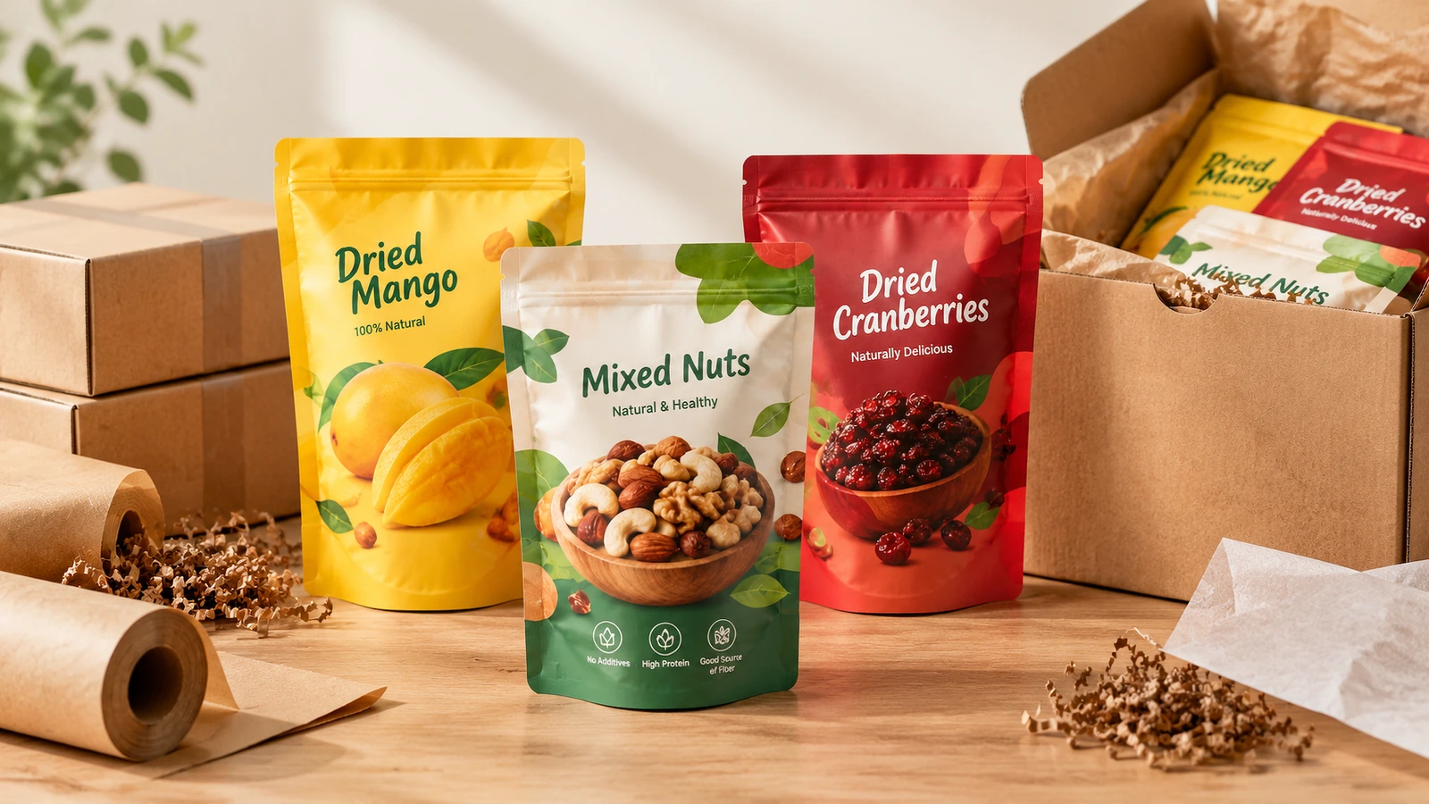 Bolsas de snacks impresas junto a cajas de envío y materiales de embalaje