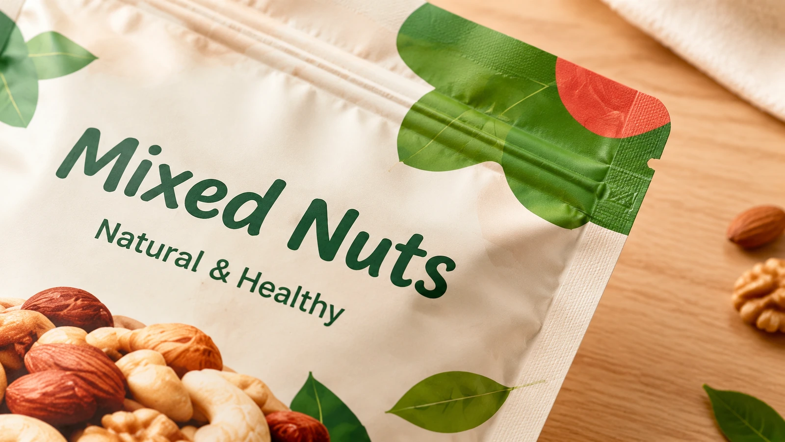 Primer plano de la cara impresa y del cierre resellable de una bolsa de frutos secos mixtos