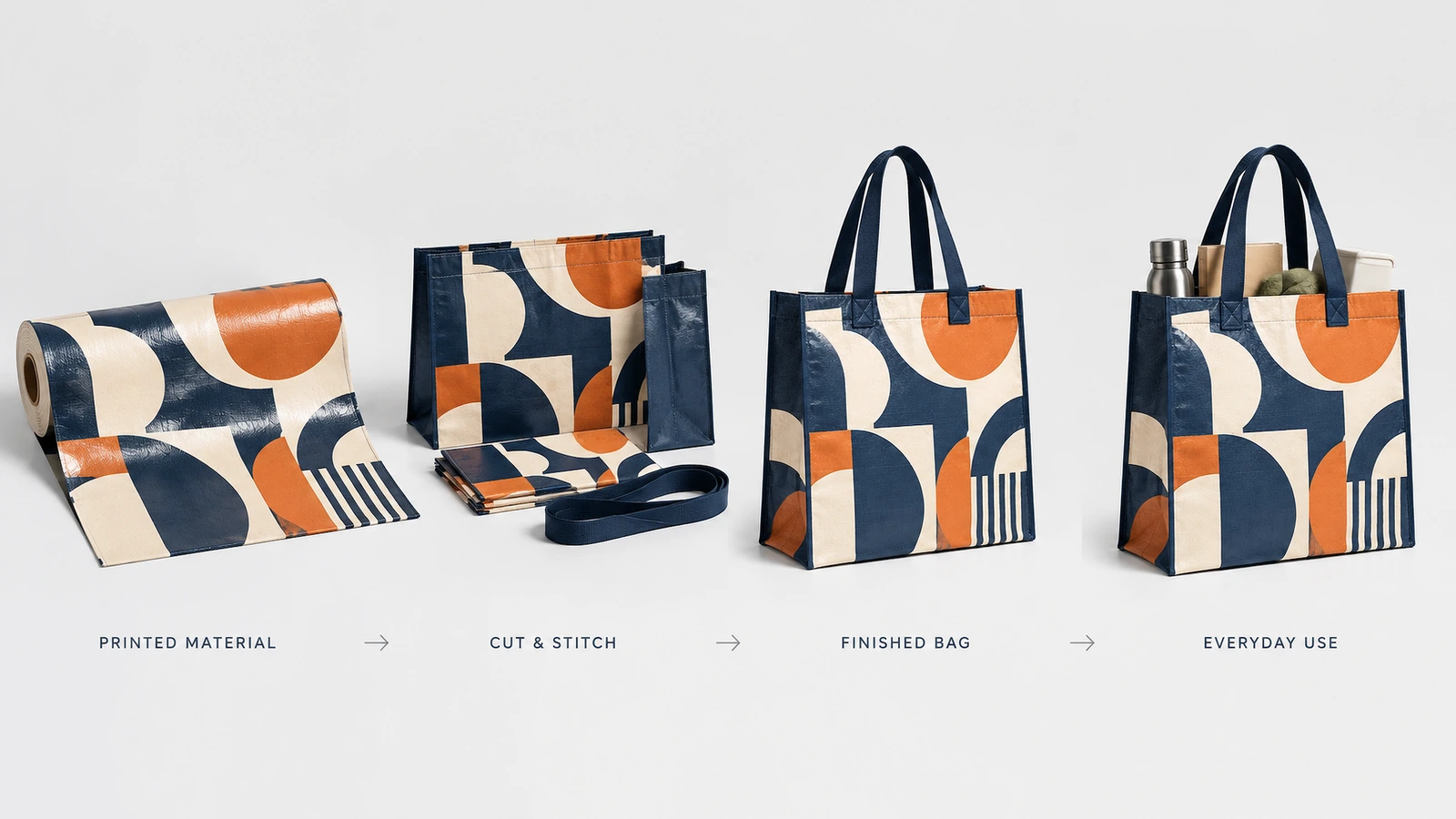 Secuencia de confección y uso de un bolso tote estampado Secuencia ilustrada desde el material estampado hasta las piezas cortadas, un bolso tote terminado y un bolso tote lleno