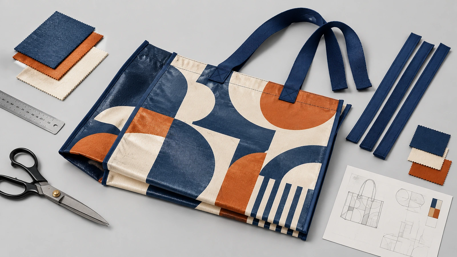 Bolso tote estampado y materiales de confección Bolso tote estampado en azul marino, naranja y crema con piezas de tela, asas, tijeras y un dibujo de bolsa
