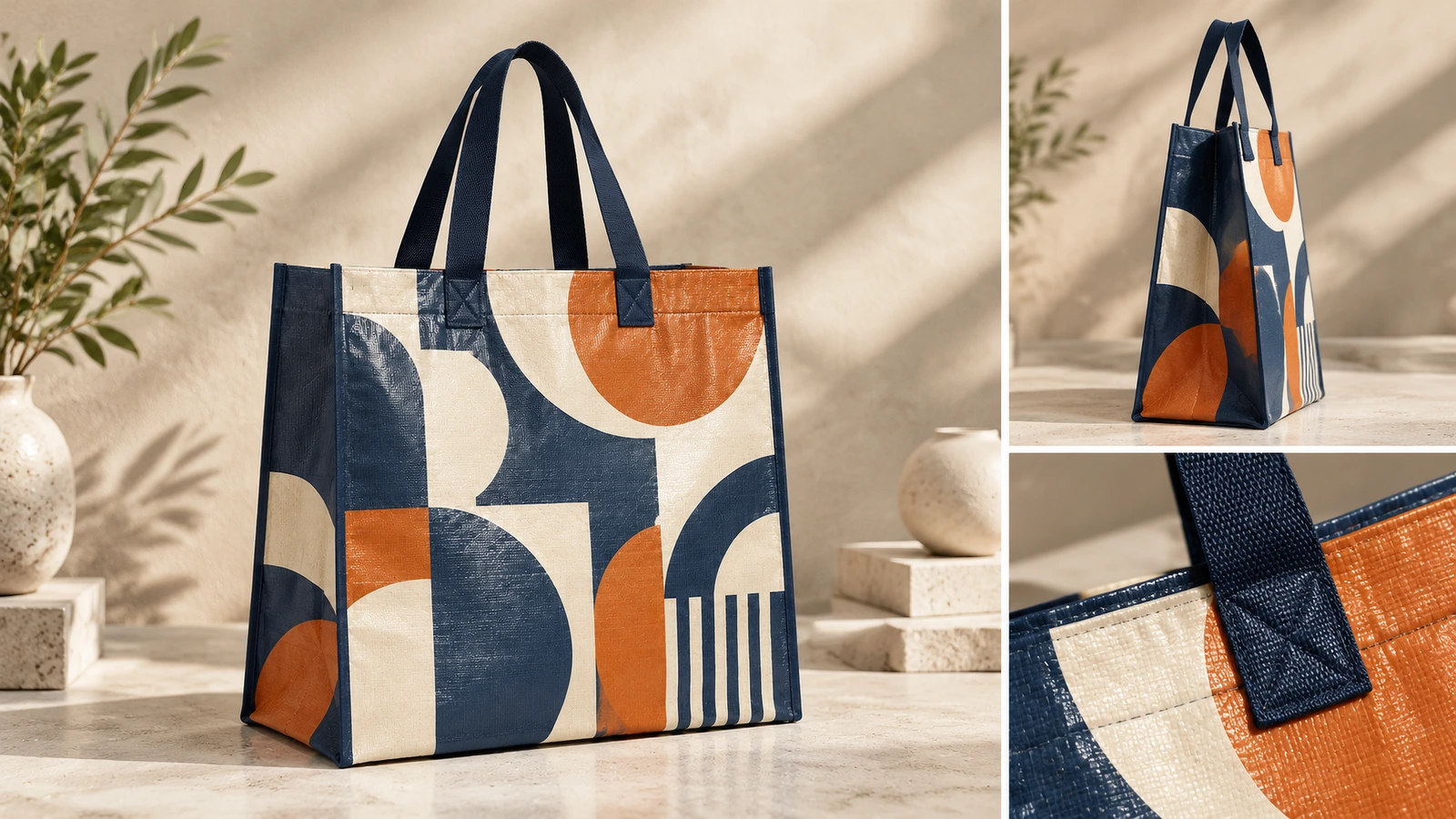 Perfil lateral del bolso tote y detalle de las asas Bolso tote estampado con vista lateral insertada y primer plano de la costura reforzada de las asas