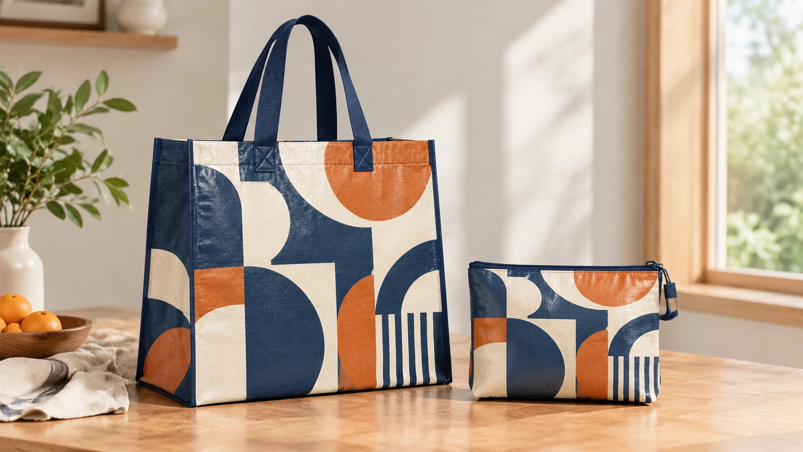 Bolso tote estampado y bolsita a juego Bolso tote estampado con motivos geométricos y bolsita con cremallera a juego sobre una mesa de madera