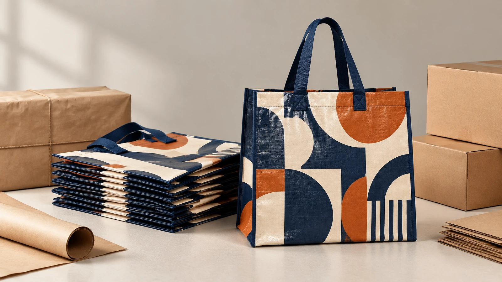 Bolso tote estampado y bolsas plegadas para embalar Bolso tote estampado de pie y bolsas plegadas junto a cajas de cartón lisas