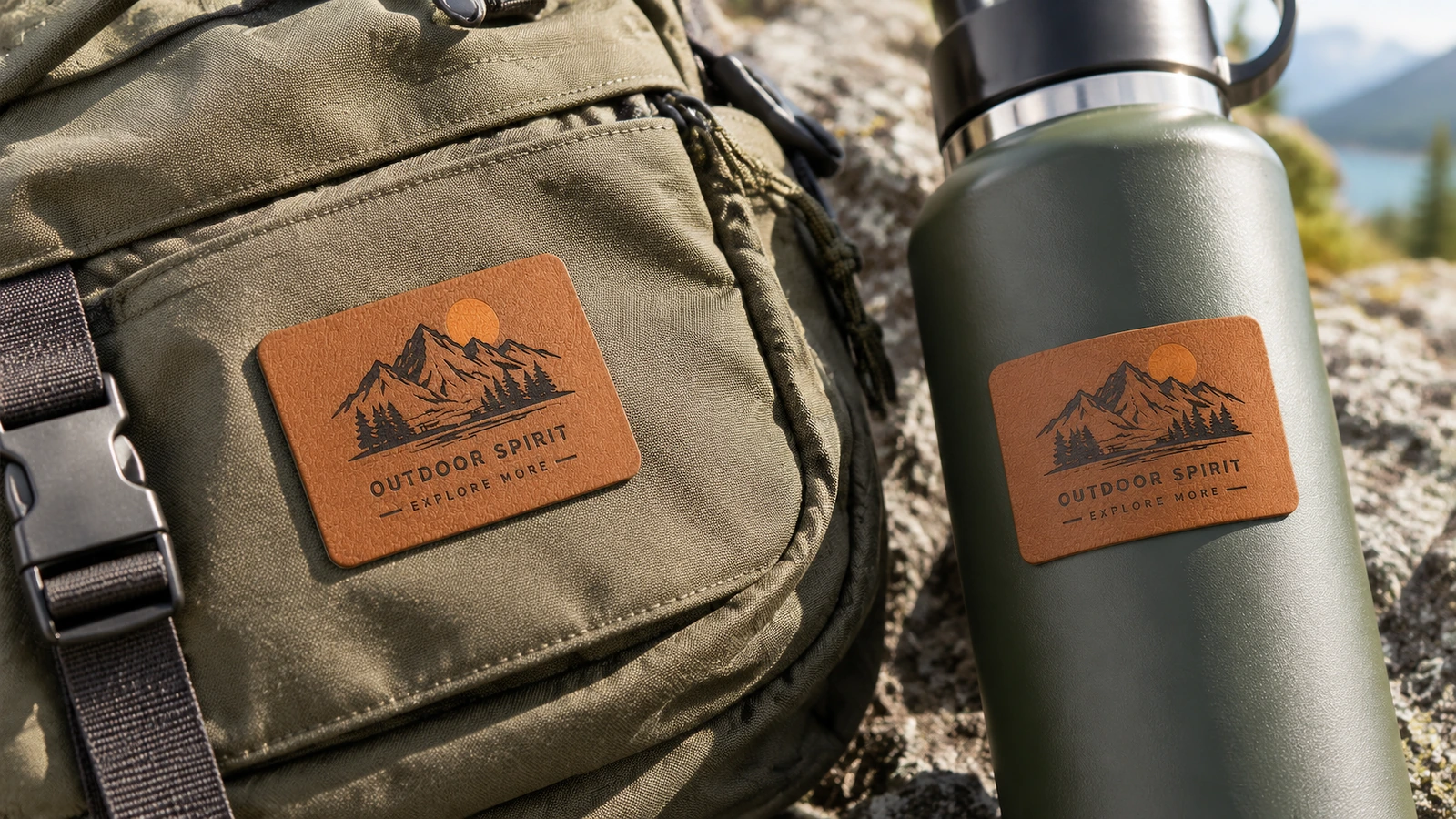 Etiquetas marrones de cuero de PU con logotipo de montaña sobre una mochila verde y una botella verde