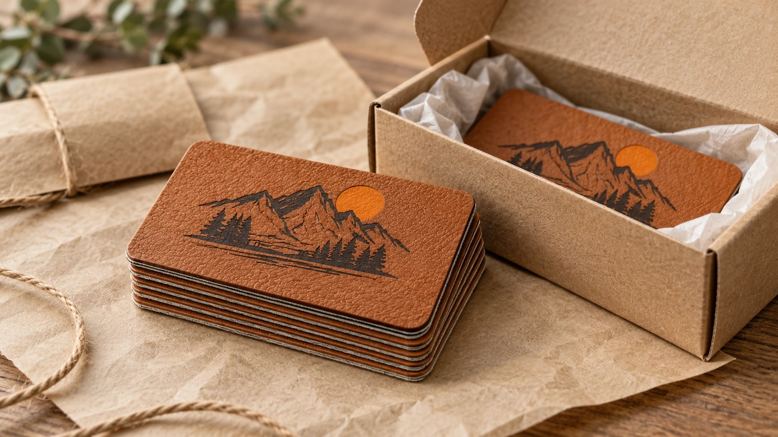 Etiquetas marrones de cuero de PU con logotipo de montaña, apiladas junto a una caja kraft abierta