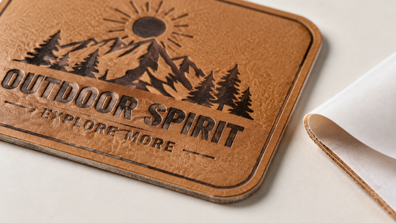 Primer plano de una etiqueta marrón de cuero de PU con textura y el logotipo de montaña de Outdoor Spirit